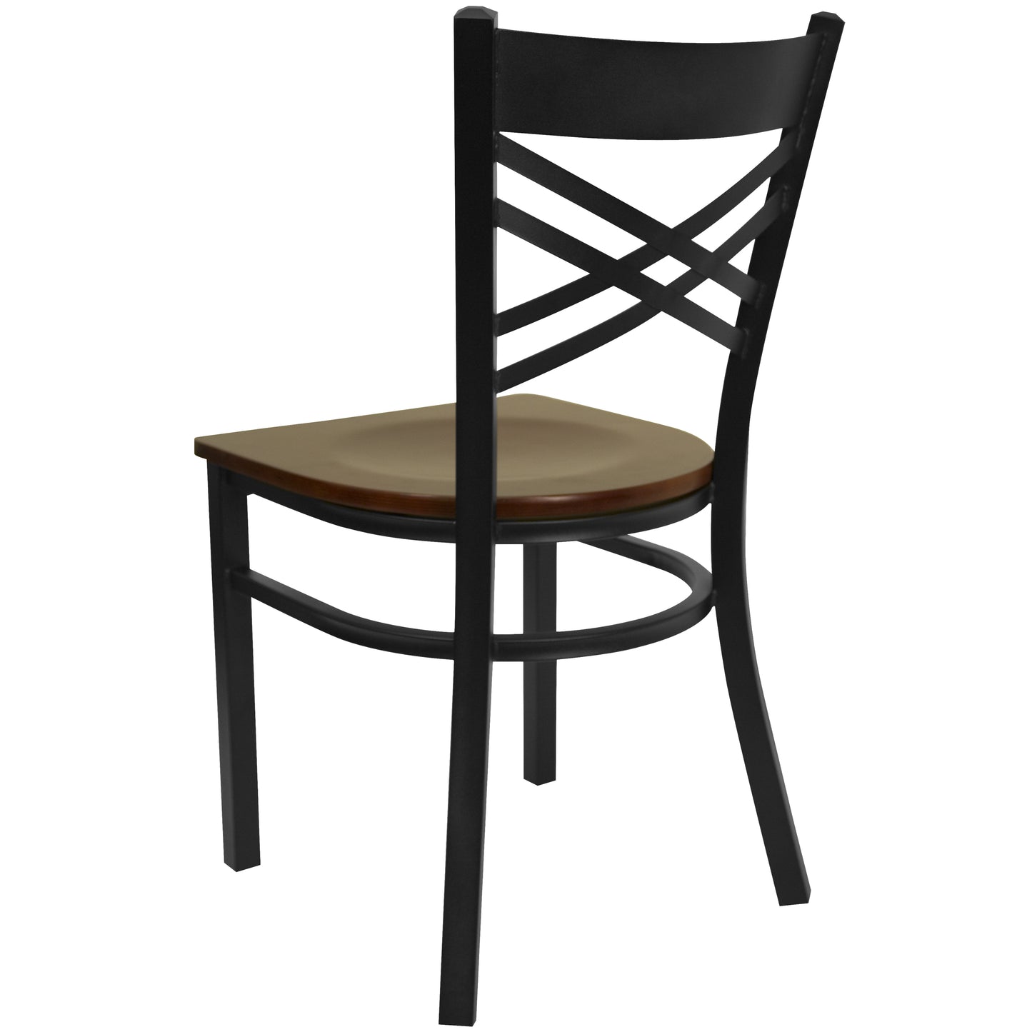 HERCULES Series Black ''X'' Back Metal Restaurant Chair - Mahogany Wood Seat Mahogany Wood Seat/Black Metal Frame