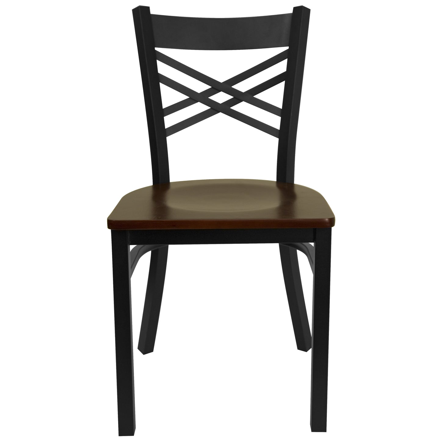 HERCULES Series Black ''X'' Back Metal Restaurant Chair - Mahogany Wood Seat Mahogany Wood Seat/Black Metal Frame