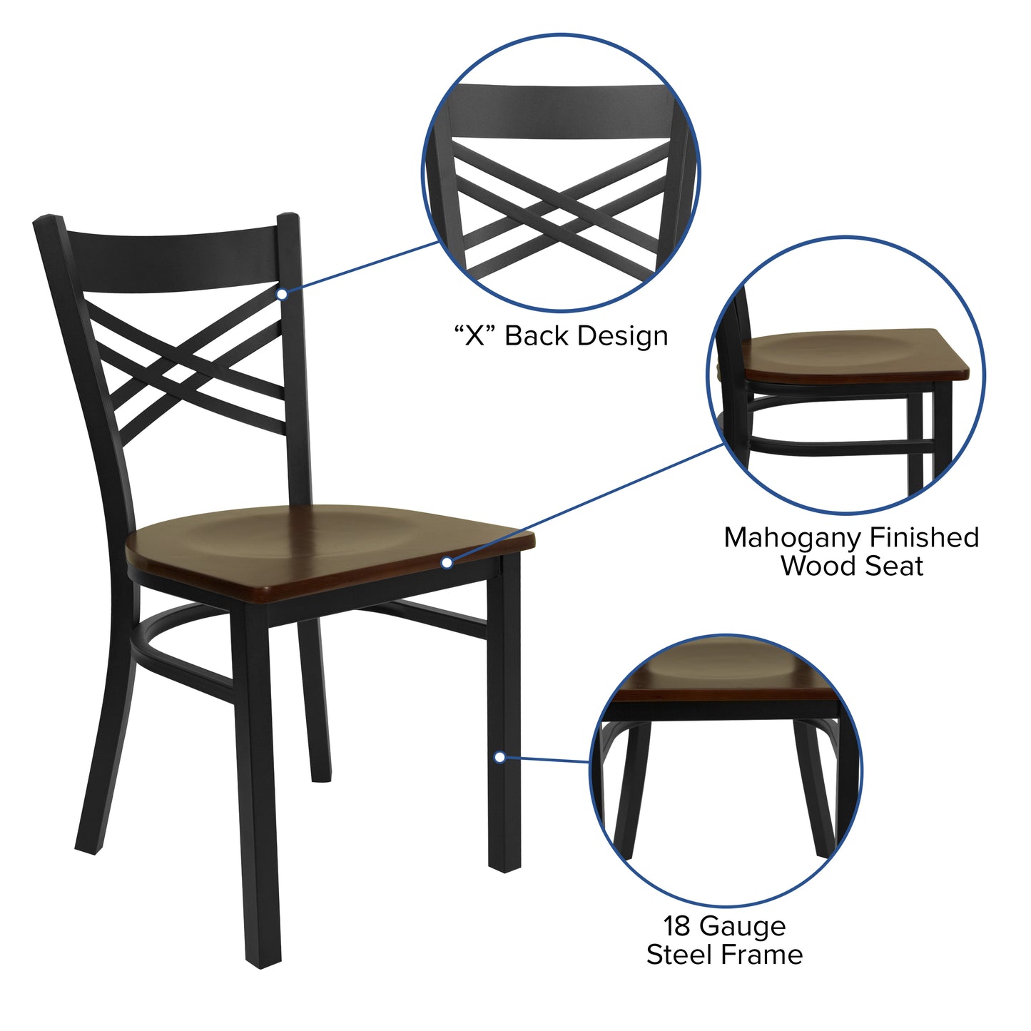 HERCULES Series Black ''X'' Back Metal Restaurant Chair - Mahogany Wood Seat Mahogany Wood Seat/Black Metal Frame