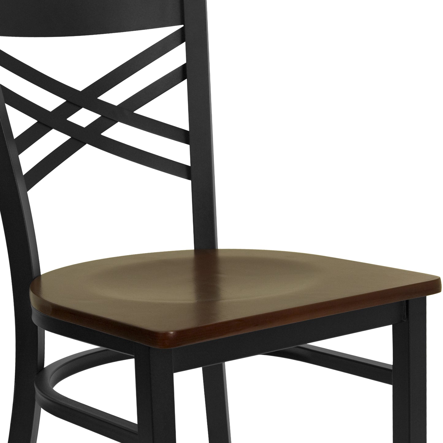 HERCULES Series Black ''X'' Back Metal Restaurant Chair - Mahogany Wood Seat Mahogany Wood Seat/Black Metal Frame