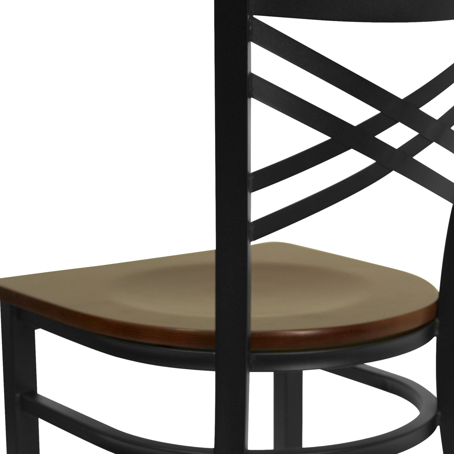 HERCULES Series Black ''X'' Back Metal Restaurant Chair - Mahogany Wood Seat Mahogany Wood Seat/Black Metal Frame