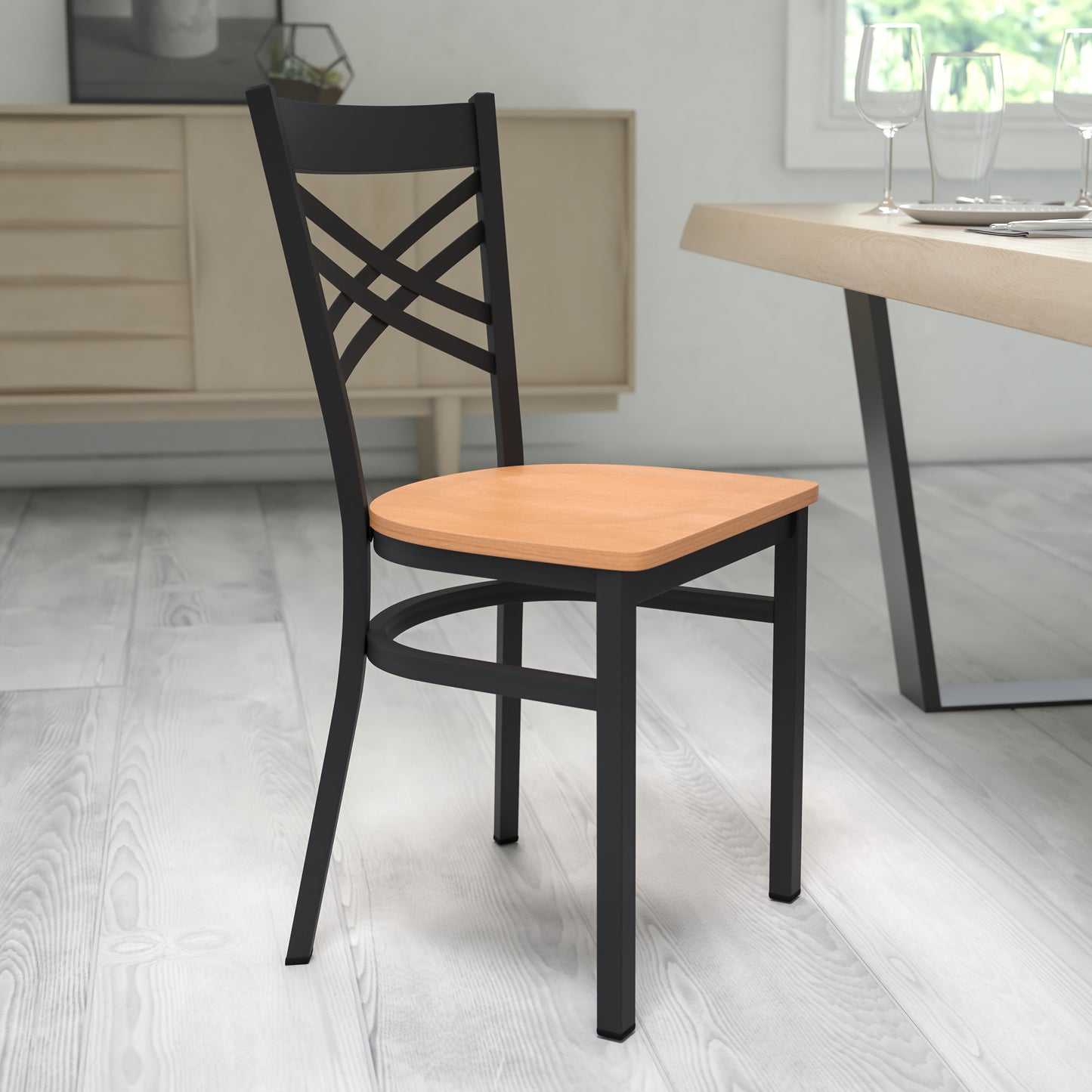 HERCULES Series Black ''X'' Back Metal Restaurant Chair - Natural Wood Seat Natural Wood Seat/Black Metal Frame