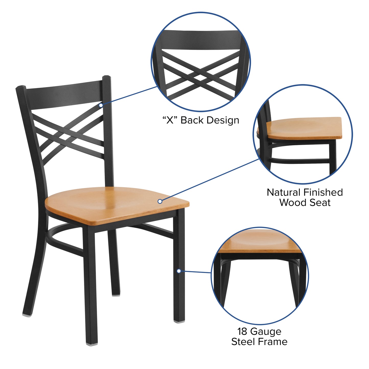 HERCULES Series Black ''X'' Back Metal Restaurant Chair - Natural Wood Seat Natural Wood Seat/Black Metal Frame