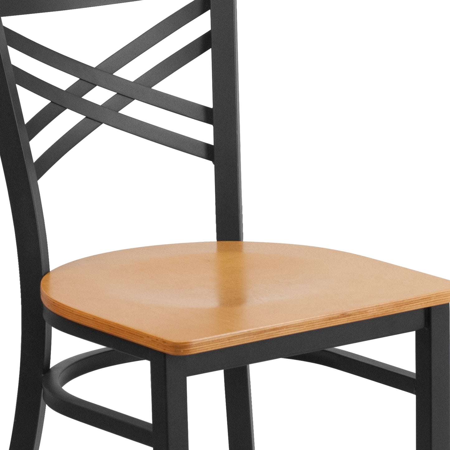 HERCULES Series Black ''X'' Back Metal Restaurant Chair - Natural Wood Seat Natural Wood Seat/Black Metal Frame