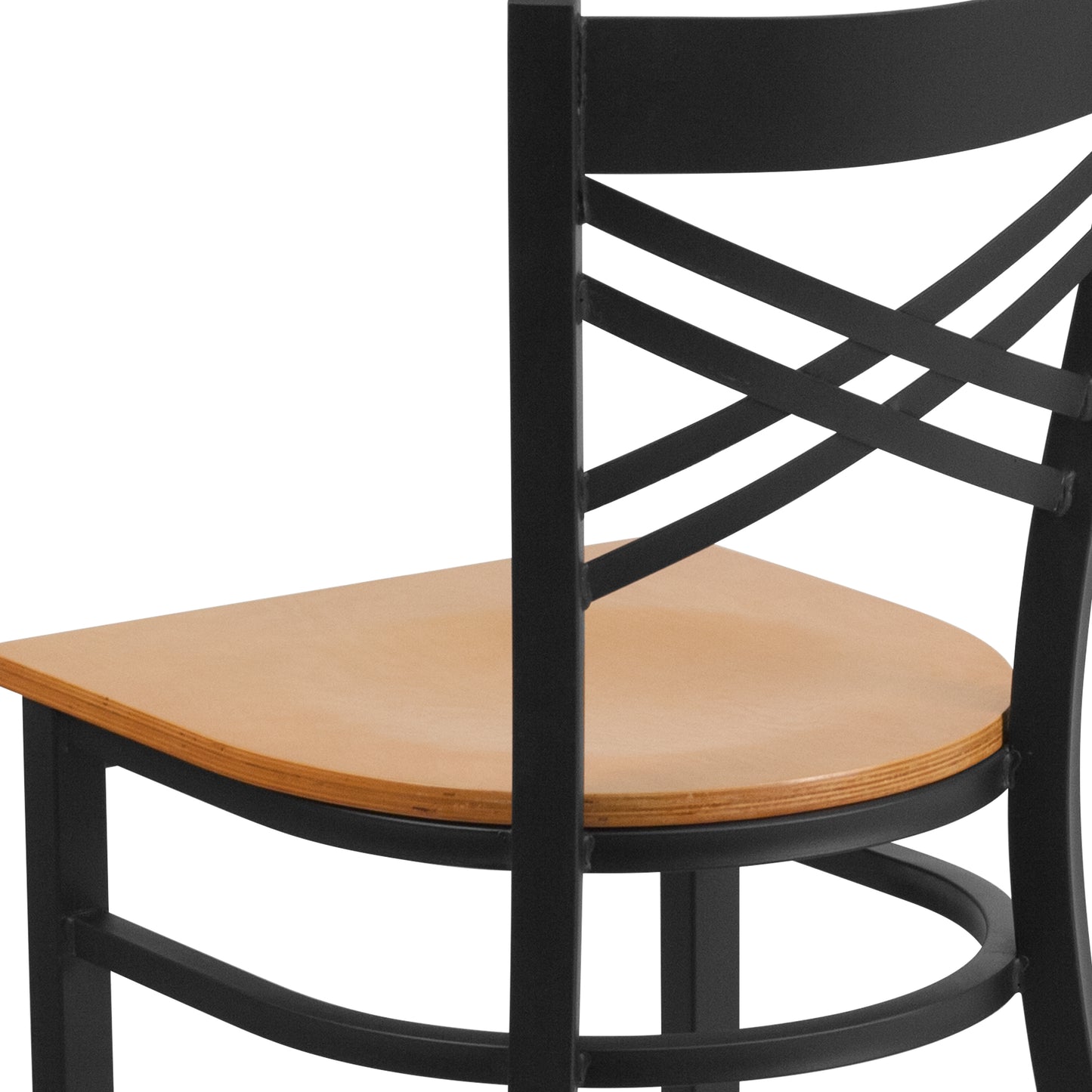 HERCULES Series Black ''X'' Back Metal Restaurant Chair - Natural Wood Seat Natural Wood Seat/Black Metal Frame