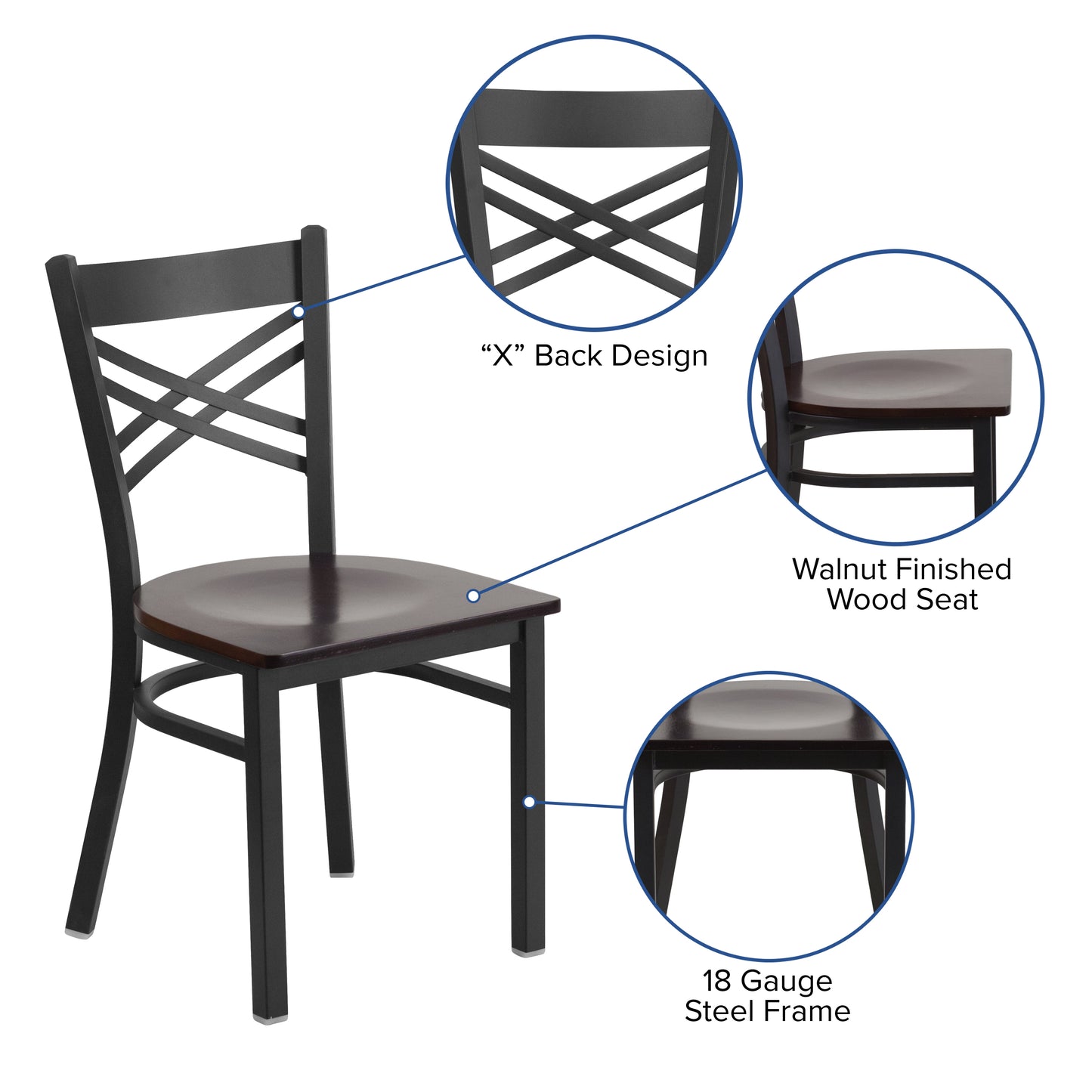 HERCULES Series Black ''X'' Back Metal Restaurant Chair - Walnut Wood Seat Walnut Wood Seat/Black Metal Frame XU-6FOBXBK-WALW-GG