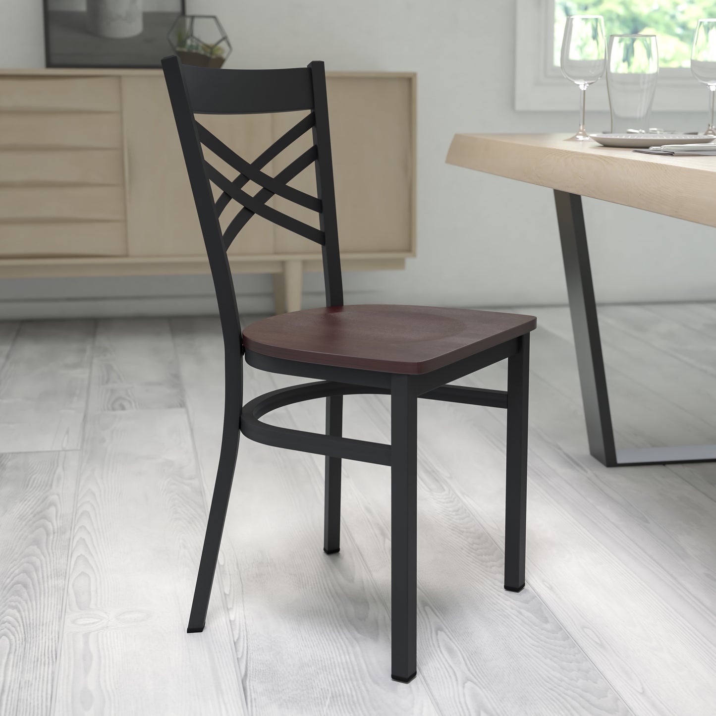 HERCULES Series Black ''X'' Back Metal Restaurant Chair - Walnut Wood Seat Walnut Wood Seat/Black Metal Frame XU-6FOBXBK-WALW-GG