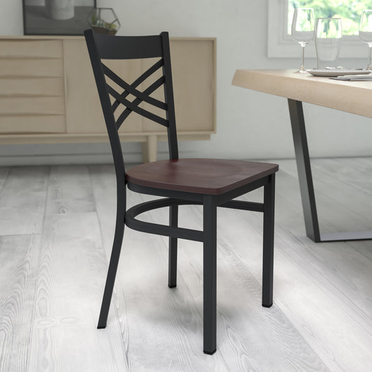 HERCULES Series Black ''X'' Back Metal Restaurant Chair - Walnut Wood Seat Walnut Wood Seat/Black Metal Frame