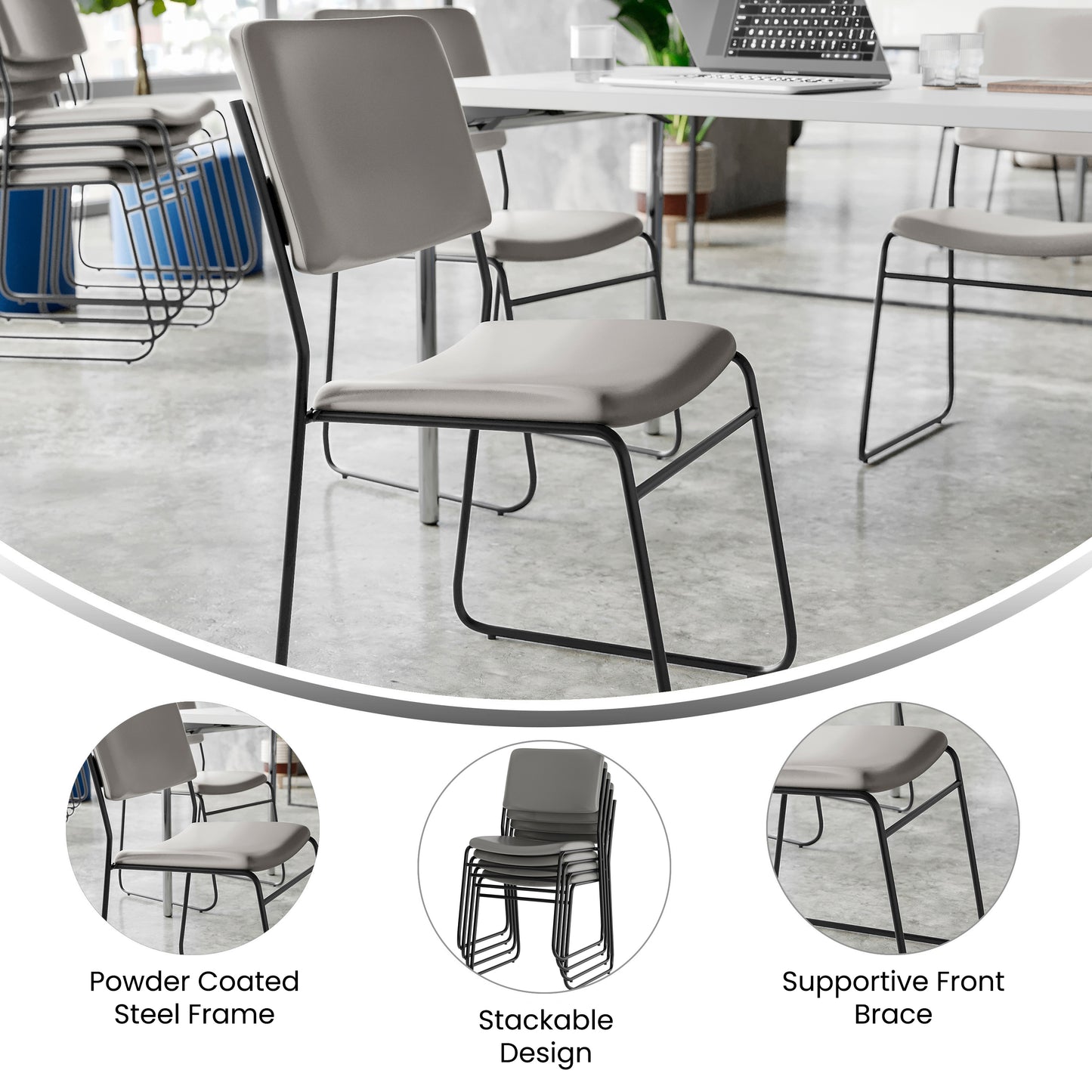 HERCULES 500 lb. Capacity High Density Gray Vinyl Stacking Chair with Sled Base Gray Vinyl/Black Frame
