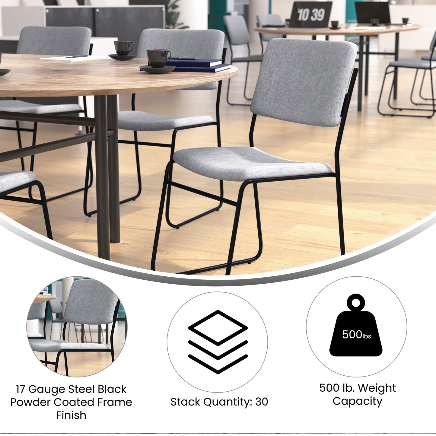 HERCULES Series 500 lb. Capacity High Density Gray Fabric Stacking Chair with Sled Base Gray Fabric/Black Frame