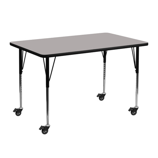 Wren Mobile 24''W x 48''L Rectangular Grey HP Laminate Activity Table - Standard Height Adjustable Legs Gray XU-A2448-REC-GY-H-A-CAS-GG