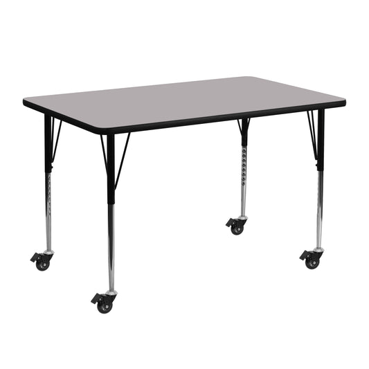 Wren Mobile 24''W x 48''L Rectangular Grey Thermal Laminate Activity Table - Standard Height Adjustable Legs Gray XU-A2448-REC-GY-T-A-CAS-GG