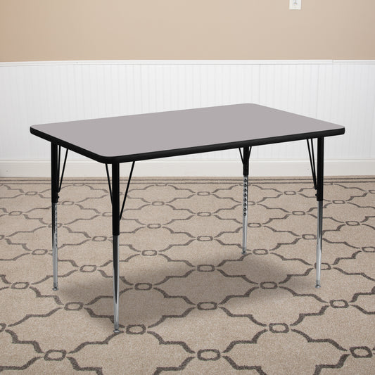 Wren 24''W x 48''L Rectangular Grey Thermal Laminate Activity Table - Standard Height Adjustable Legs Gray XU-A2448-REC-GY-T-A-GG