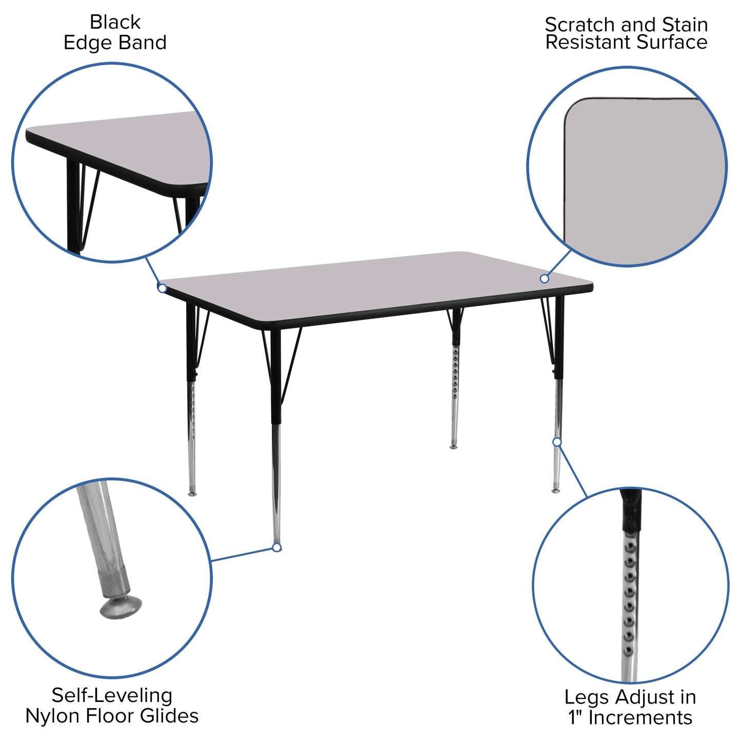 Wren 24''W x 48''L Rectangular Grey Thermal Laminate Activity Table - Standard Height Adjustable Legs Gray