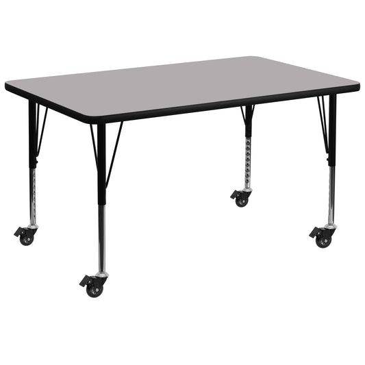 Wren Mobile 24''W x 48''L Rectangular Grey Thermal Laminate Activity Table - Height Adjustable Short Legs Gray XU-A2448-REC-GY-T-P-CAS-GG