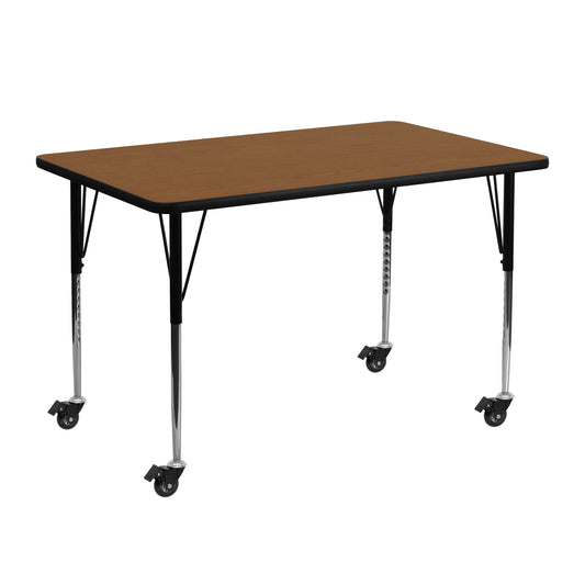 Wren Mobile 24''W x 48''L Rectangular Oak HP Laminate Activity Table - Standard Height Adjustable Legs Oak XU-A2448-REC-OAK-H-A-CAS-GG