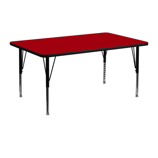 Wren 24''W x 48''L Rectangular Red Thermal Laminate Activity Table - Height Adjustable Short Legs Red XU-A2448-REC-RED-T-P-GG