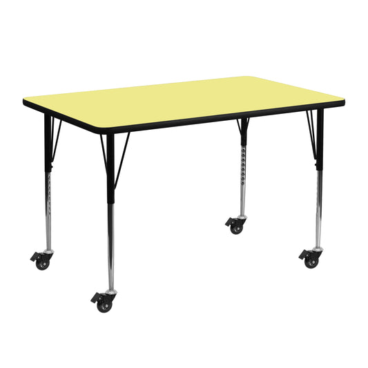Wren Mobile 24''W x 48''L Rectangular Yellow Thermal Laminate Activity Table - Standard Height Adjustable Legs Yellow XU-A2448-REC-YEL-T-A-CAS-GG