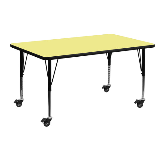 Wren Mobile 24''W x 48''L Rectangular Yellow Thermal Laminate Activity Table - Height Adjustable Short Legs Yellow XU-A2448-REC-YEL-T-P-CAS-GG