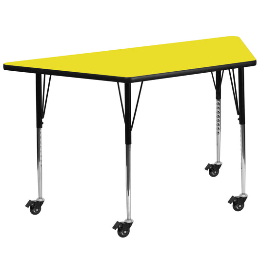 Wren Mobile 22.5''W x 45''L Trapezoid Yellow HP Laminate Activity Table - Standard Height Adjustable Legs Yellow XU-A2448-TRAP-YEL-H-A-CAS-GG