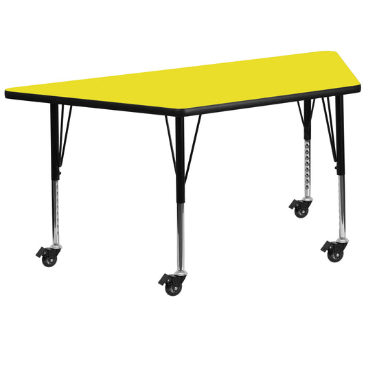 Wren Mobile 22.5''W x 45''L Trapezoid Yellow HP Laminate Activity Table - Height Adjustable Short Legs Yellow XU-A2448-TRAP-YEL-H-P-CAS-GG