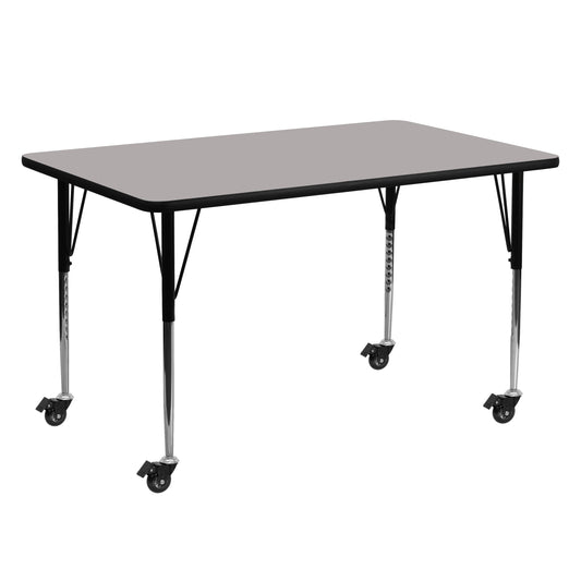 Wren Mobile 24''W x 60''L Rectangular Grey HP Laminate Activity Table - Standard Height Adjustable Legs Gray XU-A2460-REC-GY-H-A-CAS-GG