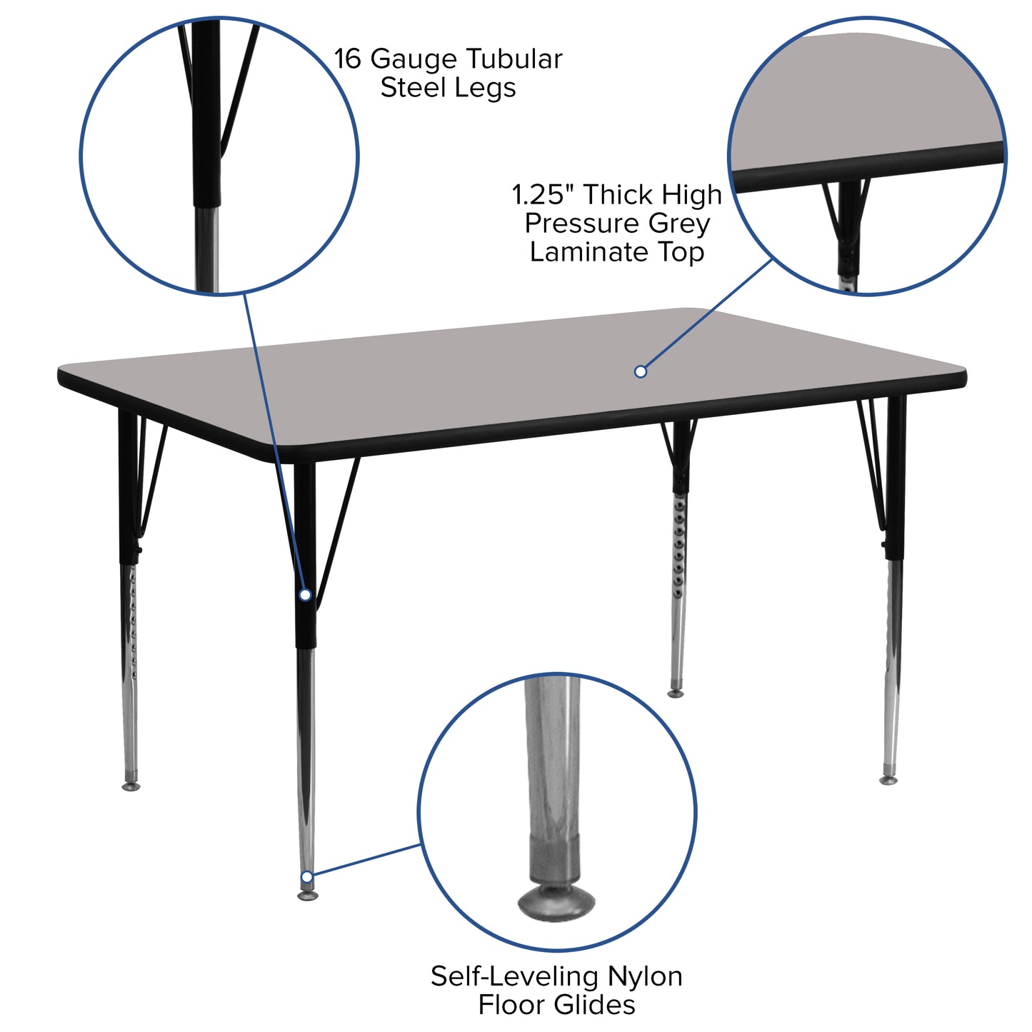 Wren 24''W x 60''L Rectangular Grey HP Laminate Activity Table - Standard Height Adjustable Legs Gray