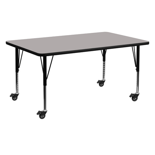 Wren Mobile 24''W x 60''L Rectangular Grey HP Laminate Activity Table - Height Adjustable Short Legs Gray XU-A2460-REC-GY-H-P-CAS-GG