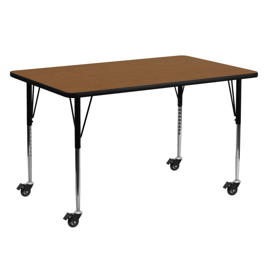 Wren Mobile 24''W x 60''L Rectangular Oak HP Laminate Activity Table - Standard Height Adjustable Legs Oak XU-A2460-REC-OAK-H-A-CAS-GG