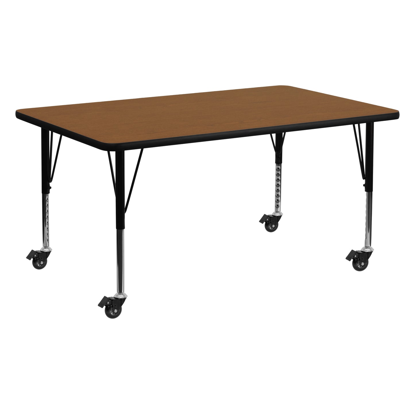Wren Mobile 24''W x 60''L Rectangular Oak HP Laminate Activity Table - Height Adjustable Short Legs Oak XU-A2460-REC-OAK-H-P-CAS-GG