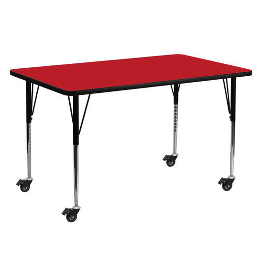 Wren Mobile 24''W x 60''L Rectangular Red HP Laminate Activity Table - Standard Height Adjustable Legs Red XU-A2460-REC-RED-H-A-CAS-GG