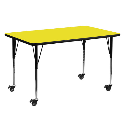 Wren Mobile 24''W x 60''L Rectangular Yellow HP Laminate Activity Table - Standard Height Adjustable Legs Yellow XU-A2460-REC-YEL-H-A-CAS-GG