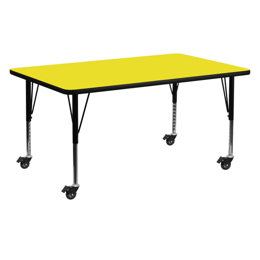 Wren Mobile 24''W x 60''L Rectangular Yellow HP Laminate Activity Table - Height Adjustable Short Legs Yellow XU-A2460-REC-YEL-H-P-CAS-GG