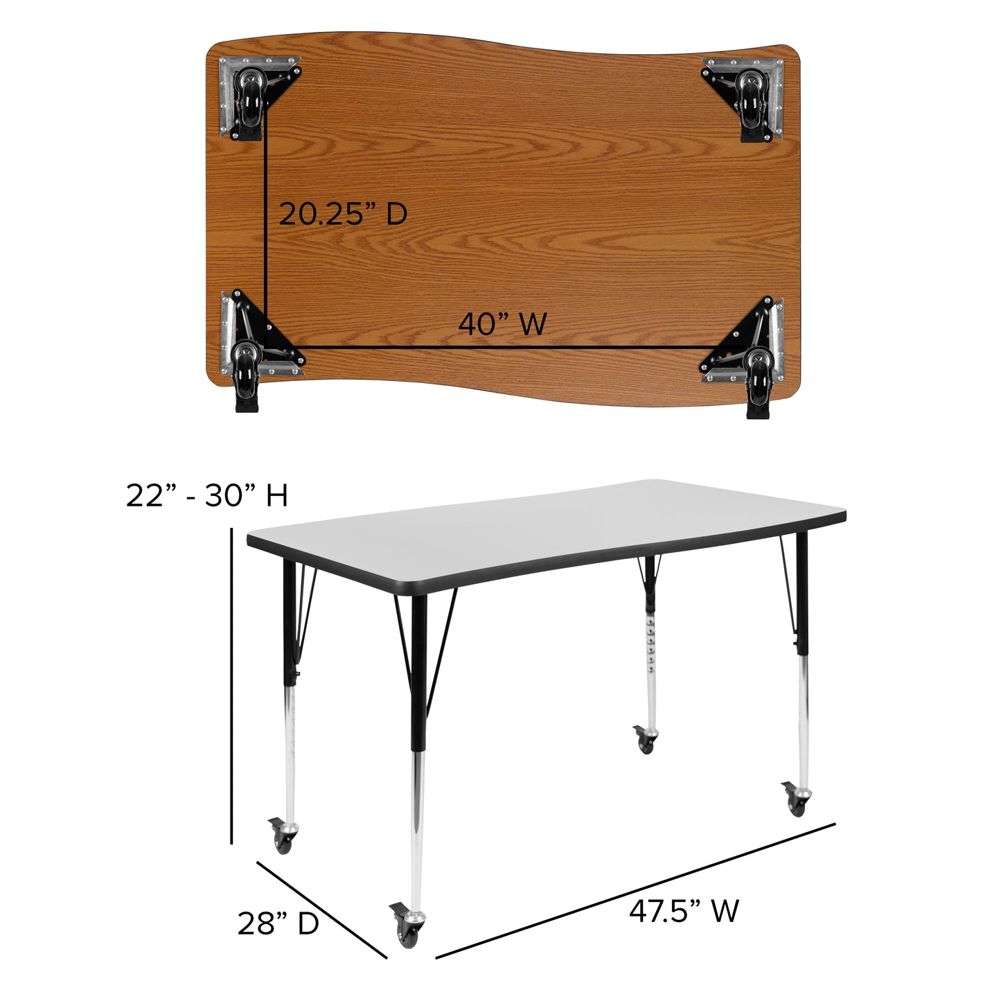 Wren Mobile 28"W x 47.5"L Rectangle Wave Flexible Collaborative Grey Laminate Activity Table-Standard Height Adjust Legs Grey XU-A3048-CON-GY-T-A-CAS-GG