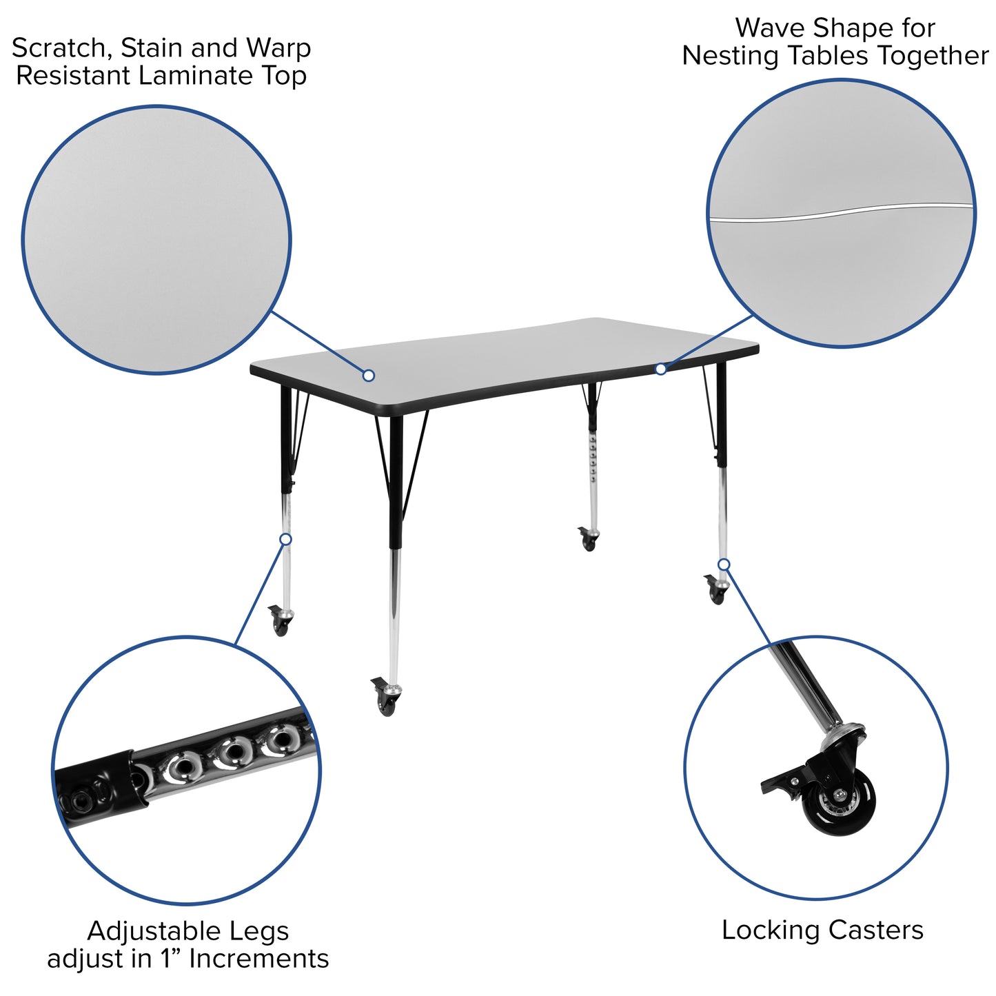Wren Mobile 28"W x 47.5"L Rectangle Wave Flexible Collaborative Grey Laminate Activity Table-Standard Height Adjust Legs Grey XU-A3048-CON-GY-T-A-CAS-GG