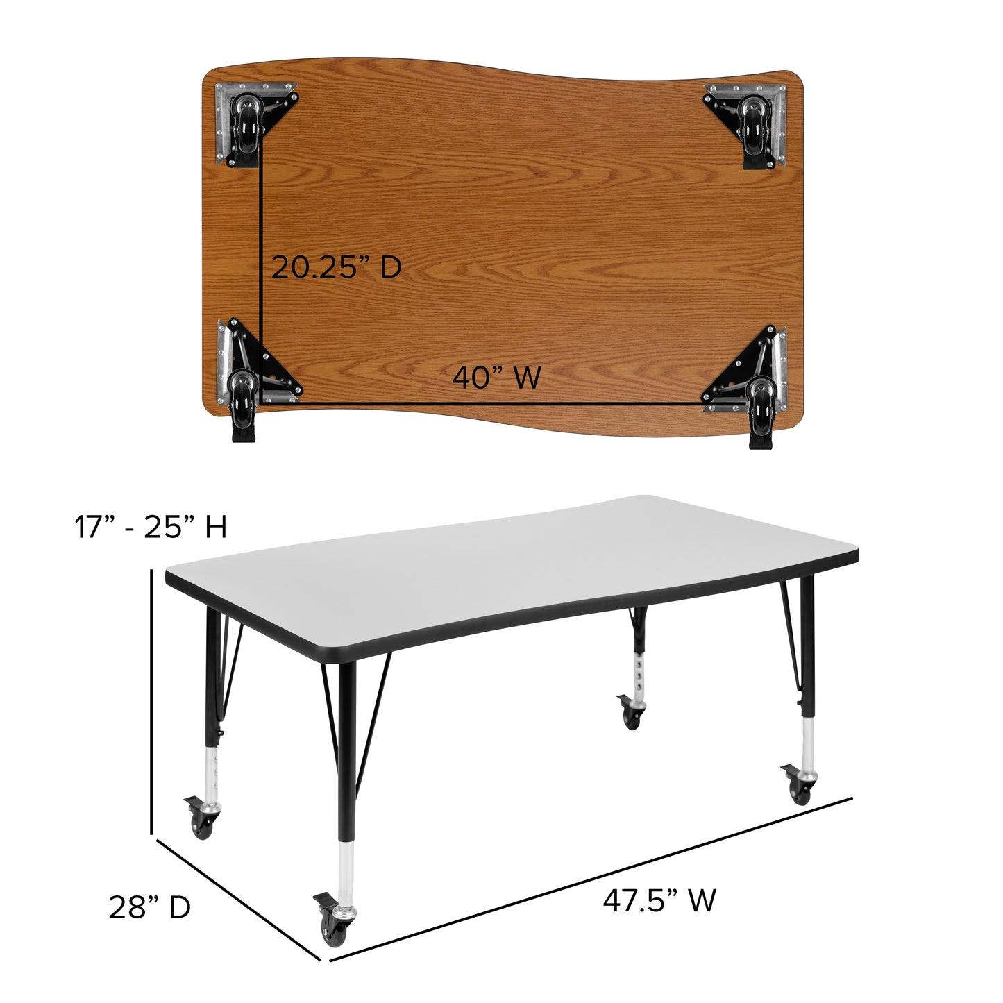Wren Mobile 28"W x 47.5"L Rectangle Wave Flexible Collaborative Grey Laminate Activity Table - Height Adjust Short Legs Grey XU-A3048-CON-GY-T-P-CAS-GG