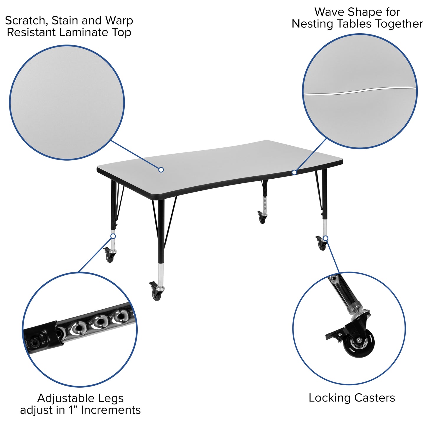 Wren Mobile 28"W x 47.5"L Rectangle Wave Flexible Collaborative Grey Laminate Activity Table - Height Adjust Short Legs Grey XU-A3048-CON-GY-T-P-CAS-GG
