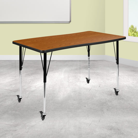 Wren Mobile 28"W x 47.5"L Rectangle Wave Flexible Collaborative Oak Laminate Activity Table-Standard Height Adjust Legs Oak XU-A3048-CON-OAK-T-A-CAS-GG