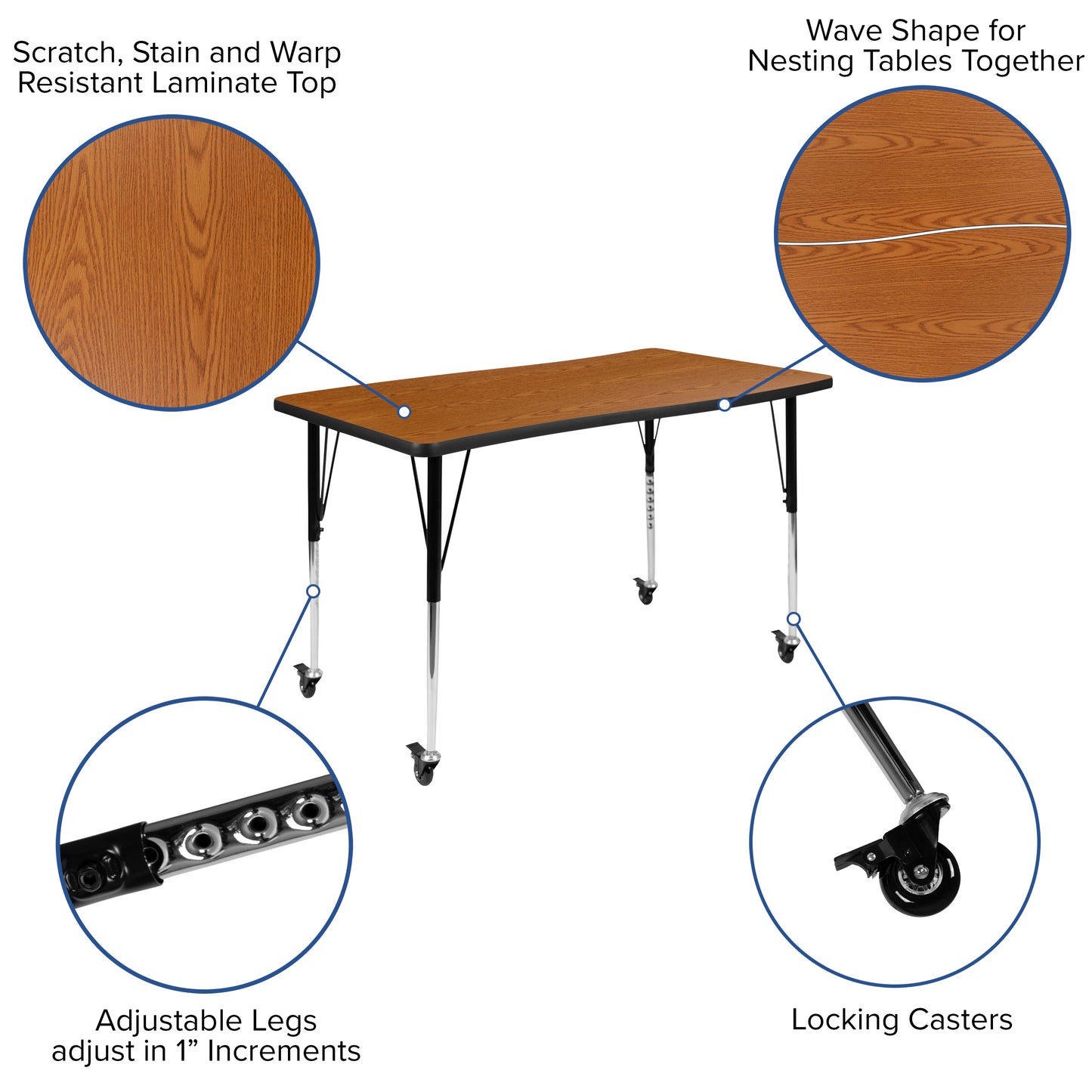 Wren Mobile 28"W x 47.5"L Rectangle Wave Flexible Collaborative Oak Laminate Activity Table-Standard Height Adjust Legs Oak