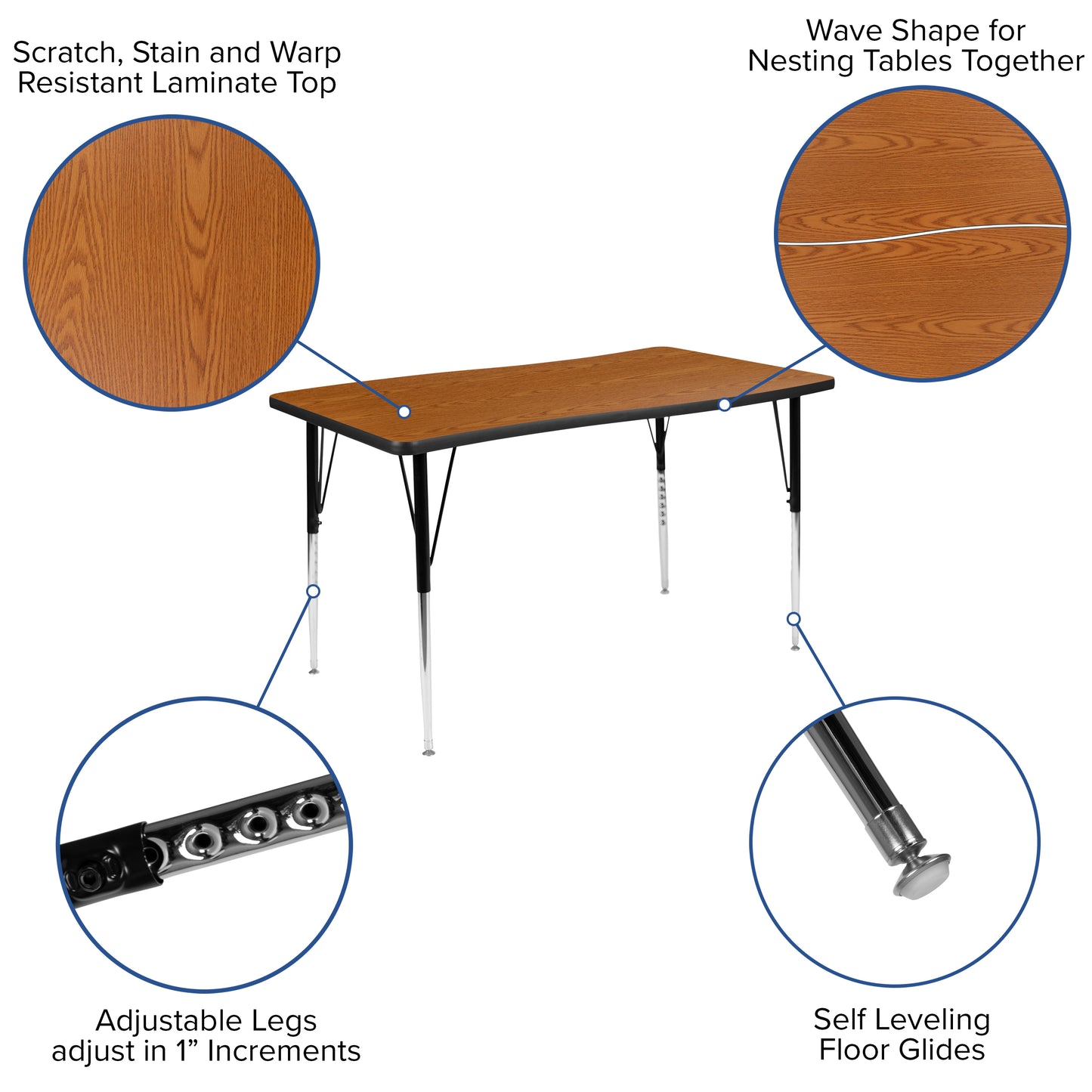 Wren 28"W x 47.5"L Rectangular Wave Flexible Collaborative Oak Finish Laminate Activity Table - Standard Height Adjust Legs Oak
