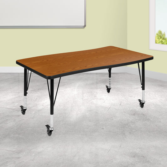 Wren Mobile 28"W x 47.5"L Rectangle Wave Flexible Collaborative Oak Laminate Activity Table - Height Adjust Short Legs Oak XU-A3048-CON-OAK-T-P-CAS-GG