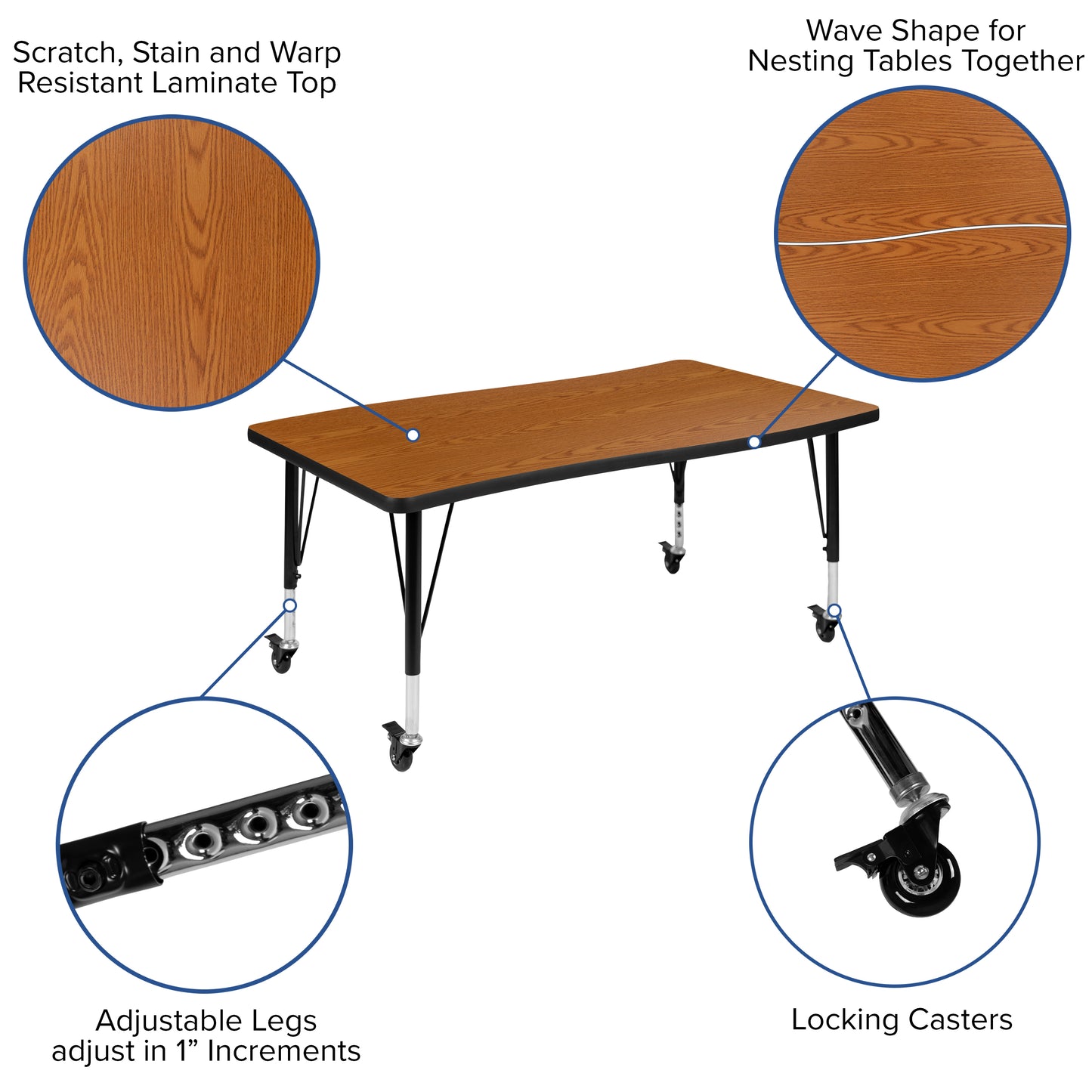Wren Mobile 28"W x 47.5"L Rectangle Wave Flexible Collaborative Oak Laminate Activity Table - Height Adjust Short Legs Oak