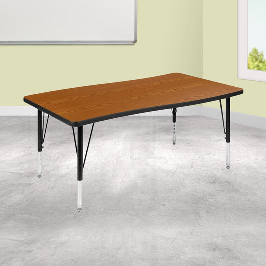 Wren 28"W x 47.5"L Rectangle Wave Flexible Collaborative Oak Thermal Laminate Activity Table - Height Adjust Short Legs Oak XU-A3048-CON-OAK-T-P-GG