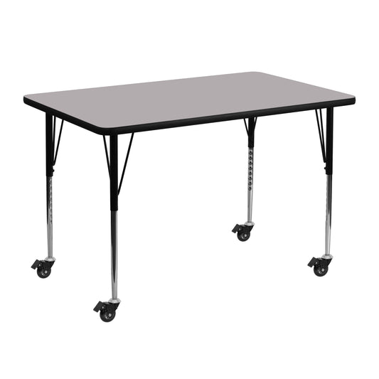 Wren Mobile 30''W x 48''L Rectangular Grey Thermal Laminate Activity Table - Standard Height Adjustable Legs Gray XU-A3048-REC-GY-T-A-CAS-GG