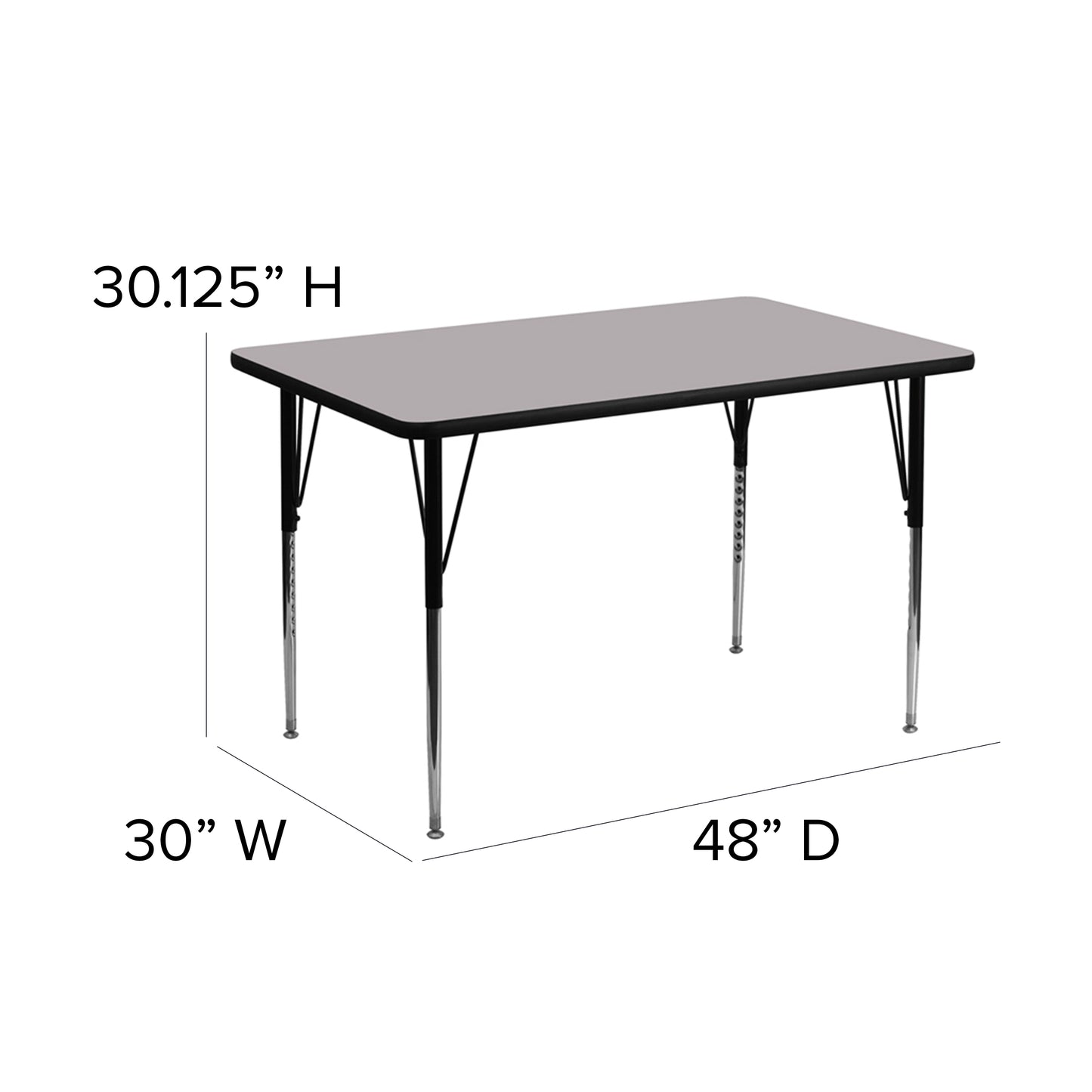 Wren 30''W x 48''L Rectangular Grey Thermal Laminate Activity Table - Standard Height Adjustable Legs Gray