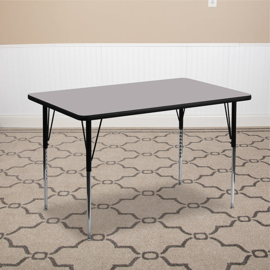 Wren 30''W x 48''L Rectangular Grey Thermal Laminate Activity Table - Standard Height Adjustable Legs Gray XU-A3048-REC-GY-T-A-GG