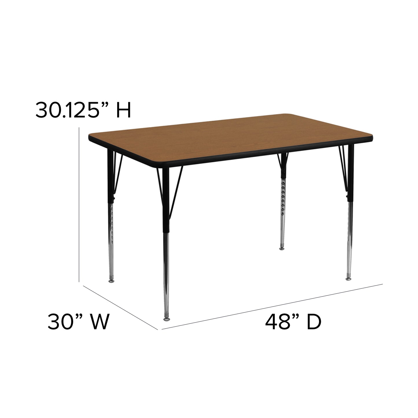 Wren 30''W x 48''L Rectangular Oak Thermal Laminate Activity Table - Standard Height Adjustable Legs Oak