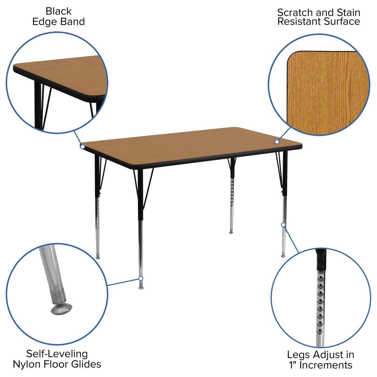 Wren 30''W x 48''L Rectangular Oak Thermal Laminate Activity Table - Standard Height Adjustable Legs Oak