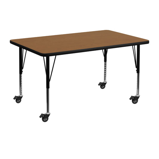 Wren Mobile 30''W x 48''L Rectangular Oak Thermal Laminate Activity Table - Height Adjustable Short Legs Oak XU-A3048-REC-OAK-T-P-CAS-GG