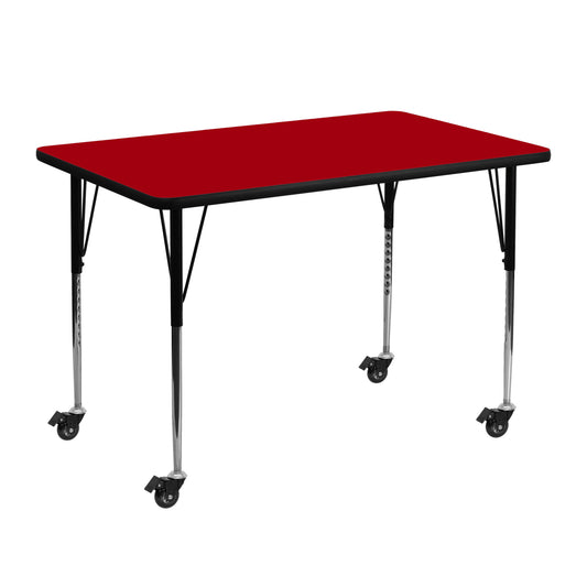 Wren Mobile 30''W x 48''L Rectangular Red Thermal Laminate Activity Table - Standard Height Adjustable Legs Red XU-A3048-REC-RED-T-A-CAS-GG